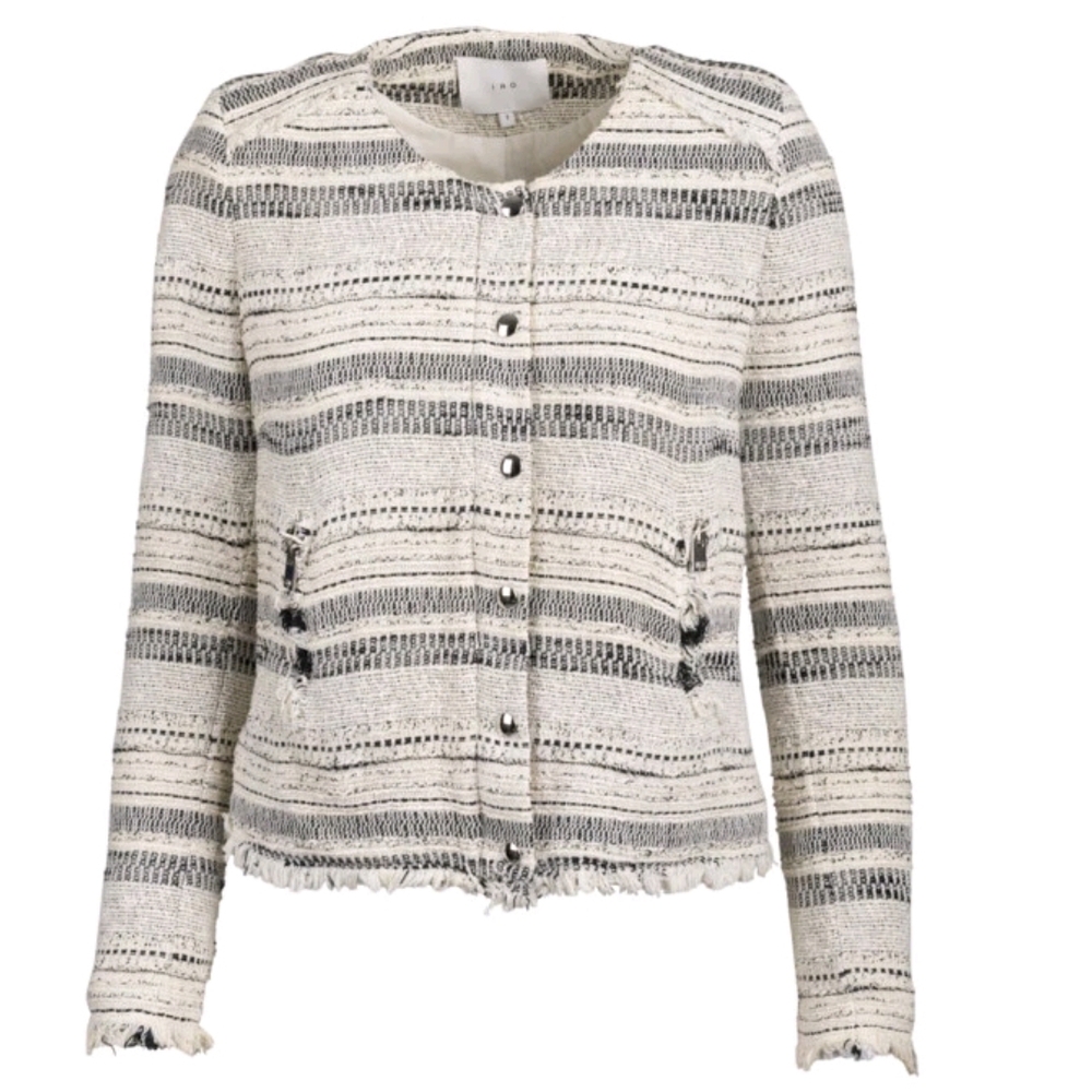 IRO Tweed Cream Zipper Preppy Moto Luxury Lizzie Jacket Size 2